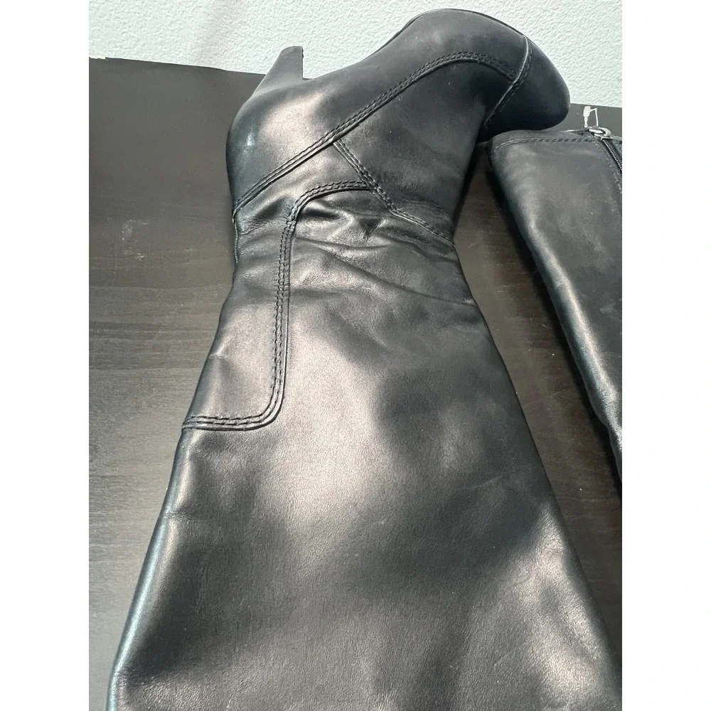 Reba Women's Black Leather Knee-High Boots Size‎ 6.5M Block Heel Zipper